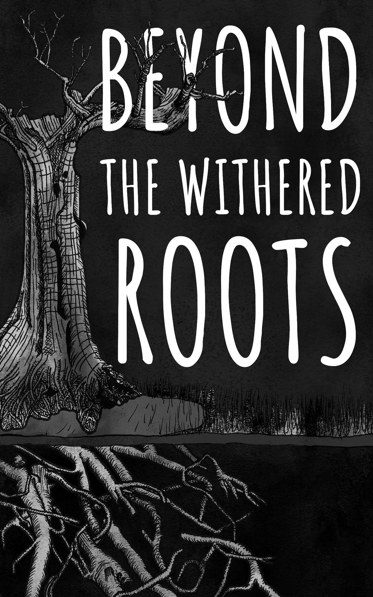 Illustration of a dead tree with  visible roots