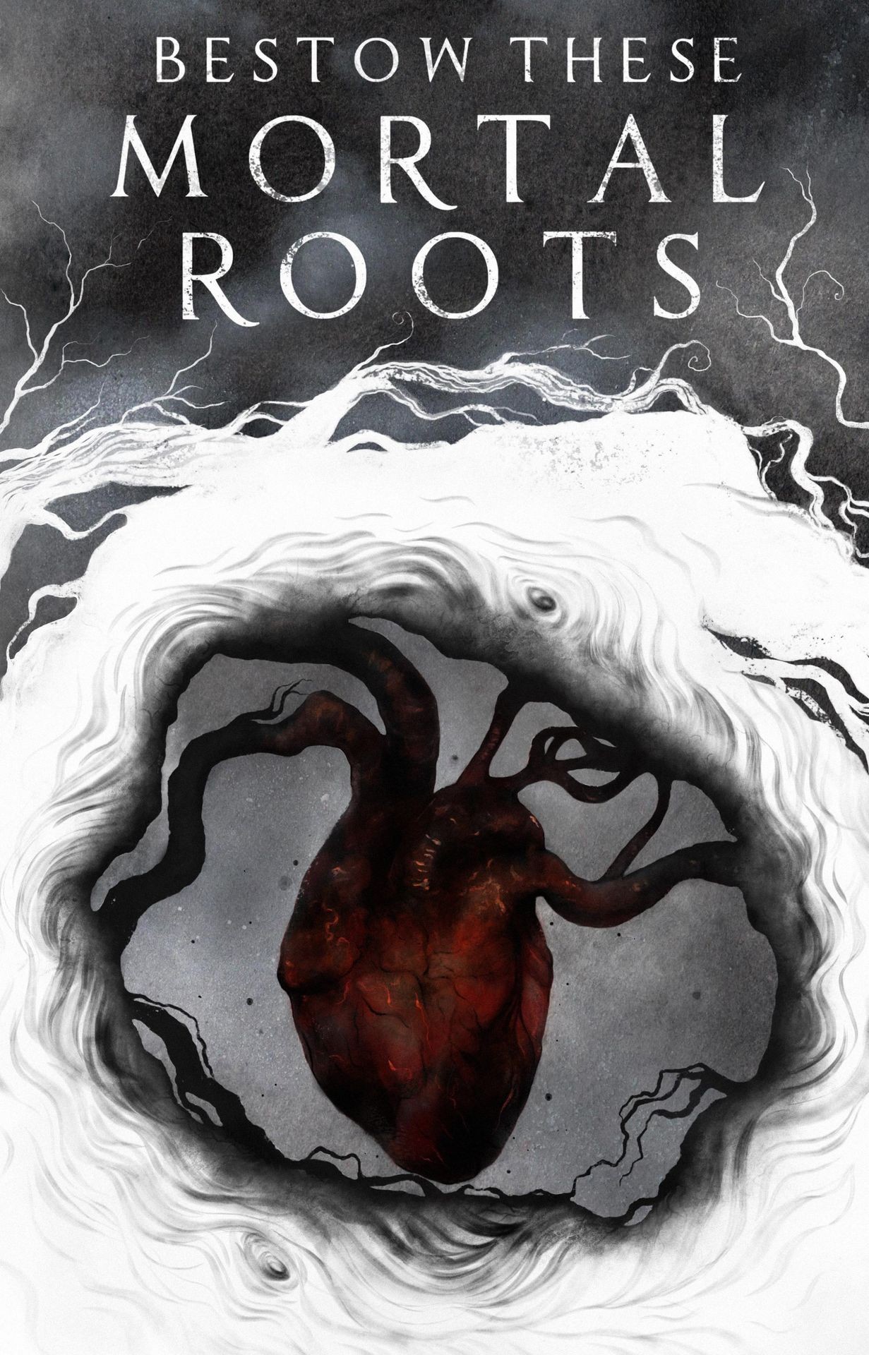 illustration of a red, realistic heart surrounded by roots